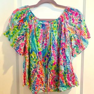 Lilly Pulitzer multicolor flutter sleeve top with tassels, size medium